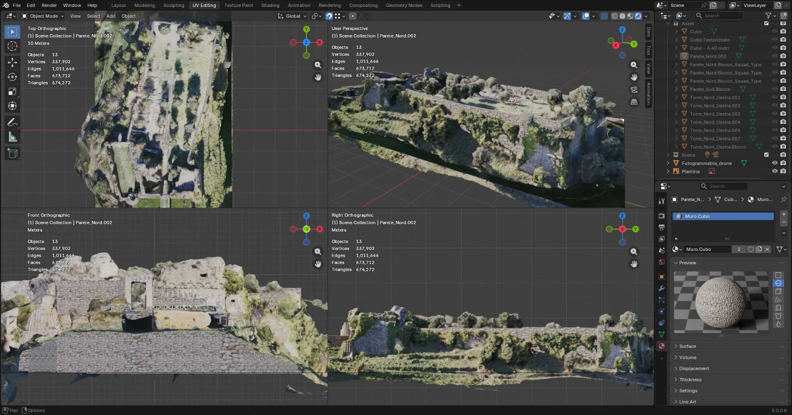 Fase di lavorazione della ricostruzione 3D del castello, modello poligonale